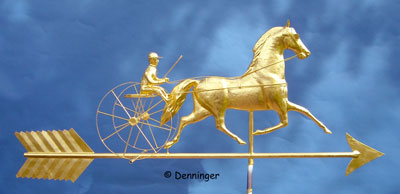 Black Hawk Horse & Sulky Weather Vane On 54" Arrow 23k Gold Leaf